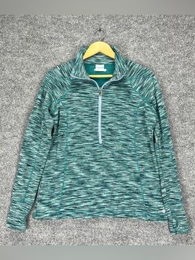 Columbia Sweater Tight Knit 1/2 Zip Women Large Teal Striped Pullover Mock Neck